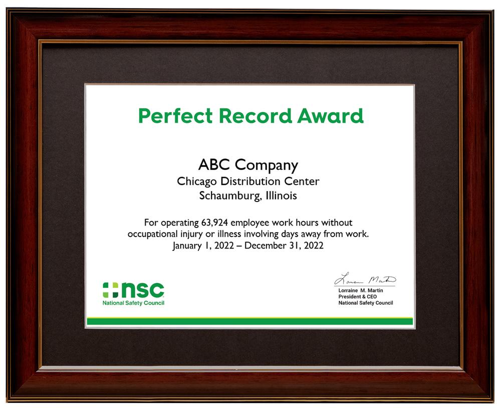 Perfect Record Certificate Award product image