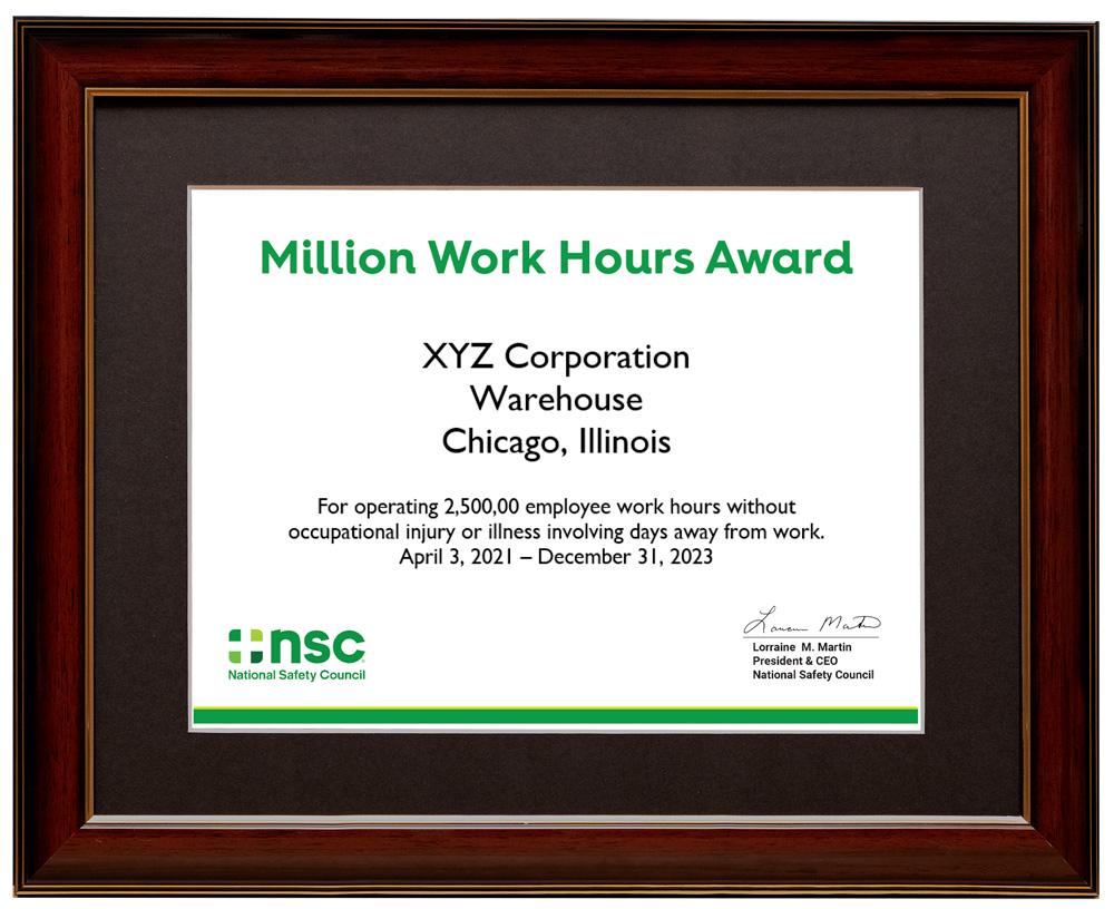 Million Work Hours Certificate Award product image